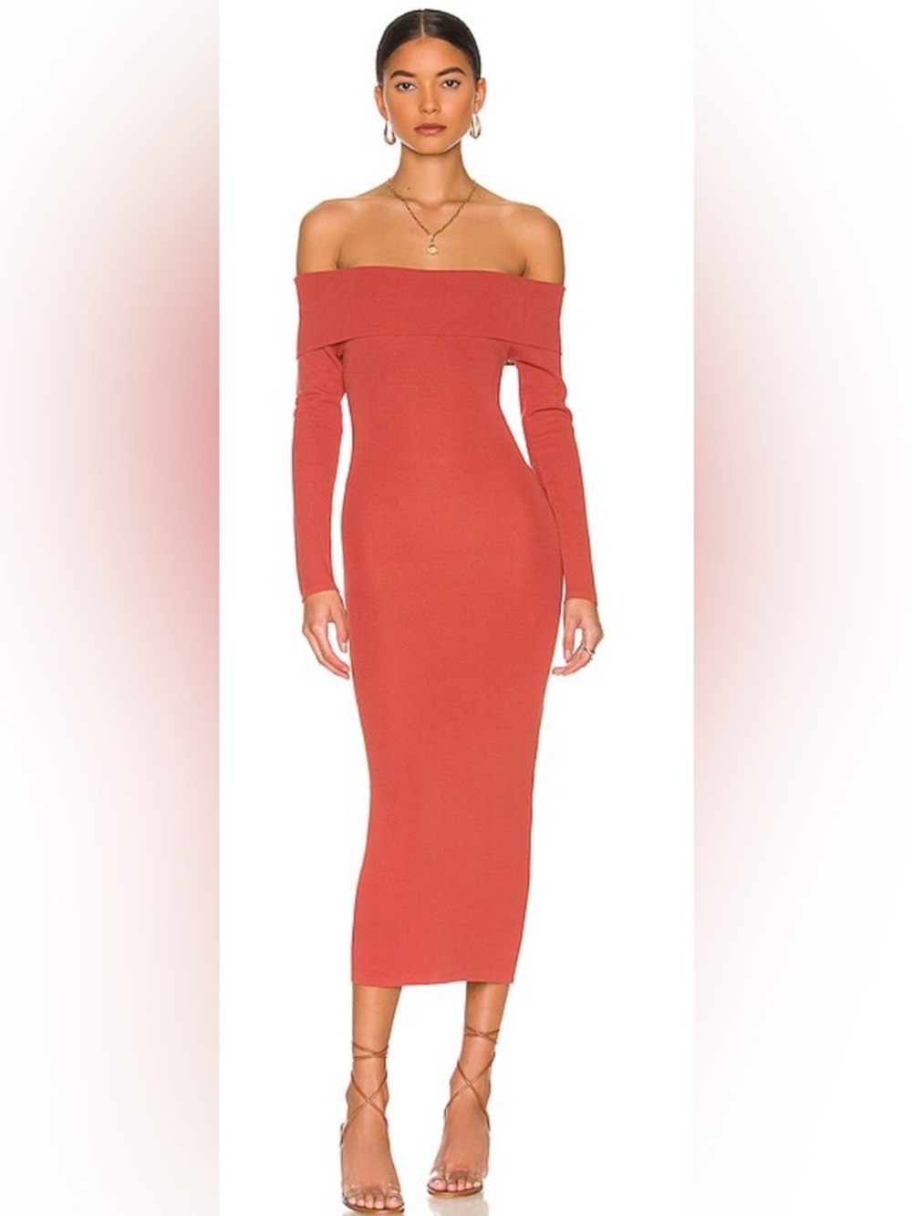Bardot Off-Shoulder Maxi Dress in Coral Red